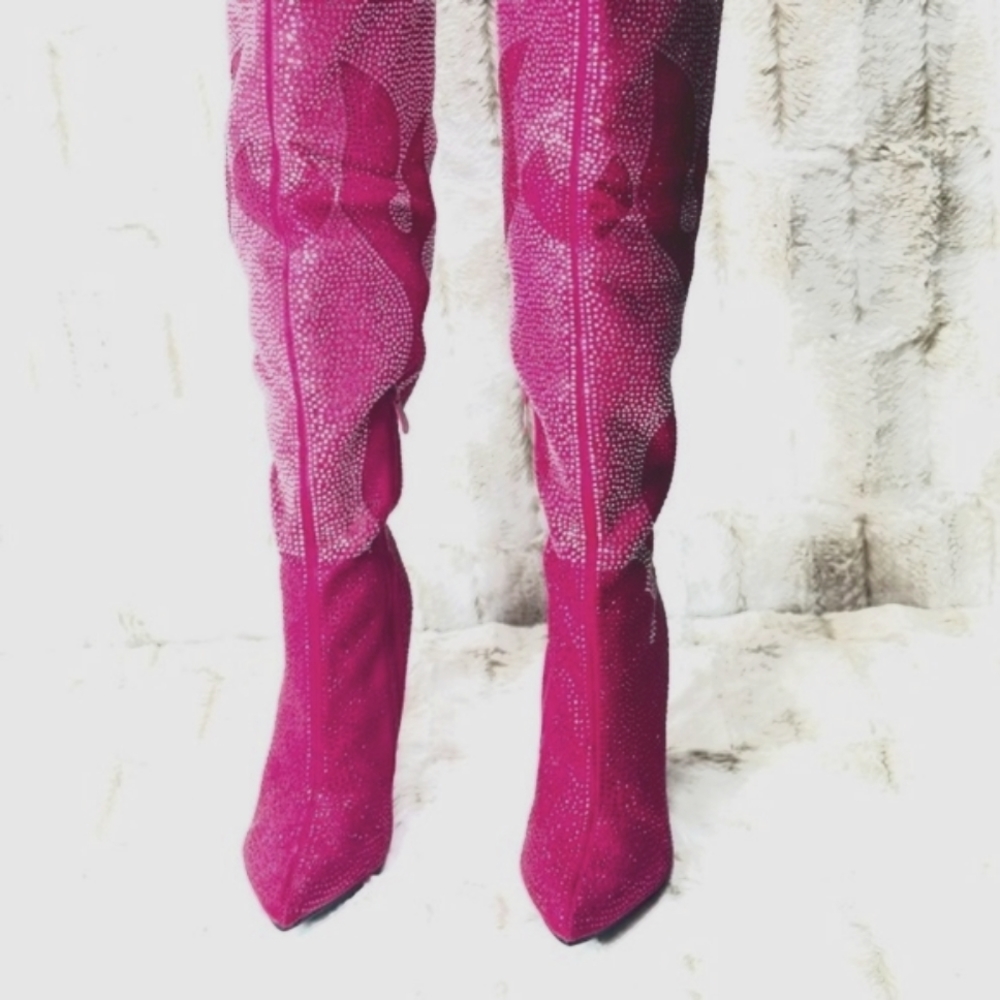 Hot Pink & Silver Rhinestone Flame Detail Sexy OTK Thigh Boots - Picture 12 of 13